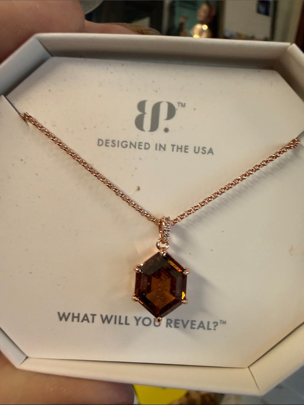 Rose Gold Necklace with Hexagonal Brown Crystal Pendant